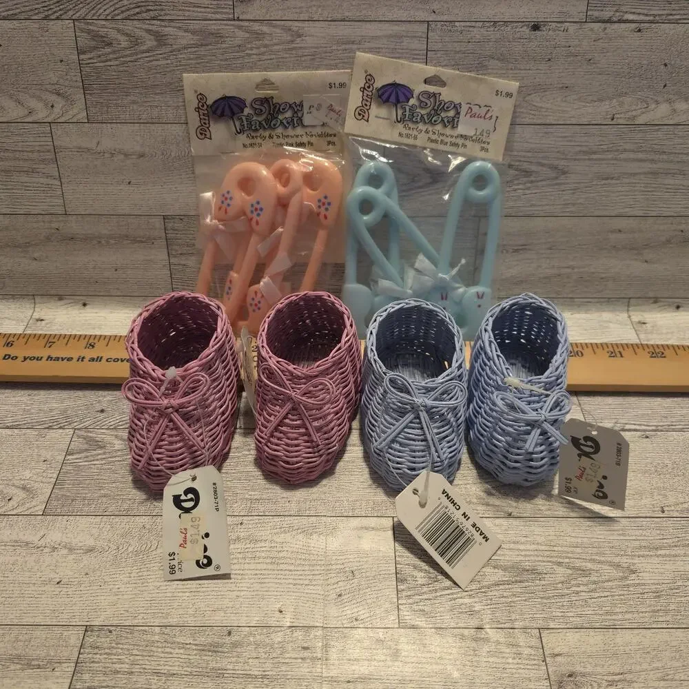 Vintage‎ Baby Shower Decor Plastic Diaper Pins Wicker Baby Shoes